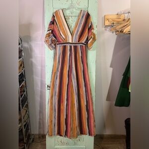 Women’s Windsor sz M striped multicolor maxi v neck jumpsuit with flowy sleeves